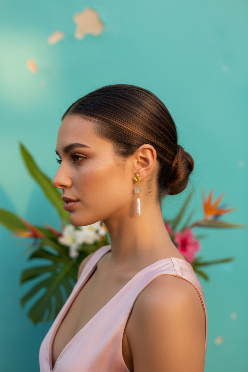 Woman with styled hair and earrings against a turquoise background with plants